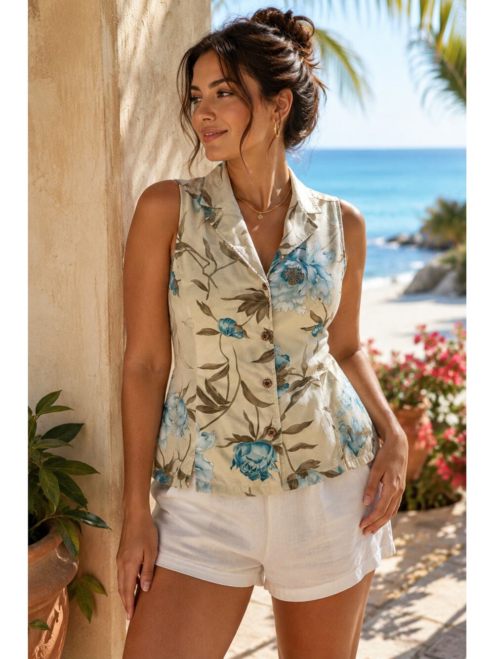Vintage La Cabana Floral Rayon Sleeveless Button Front Blouse Top L